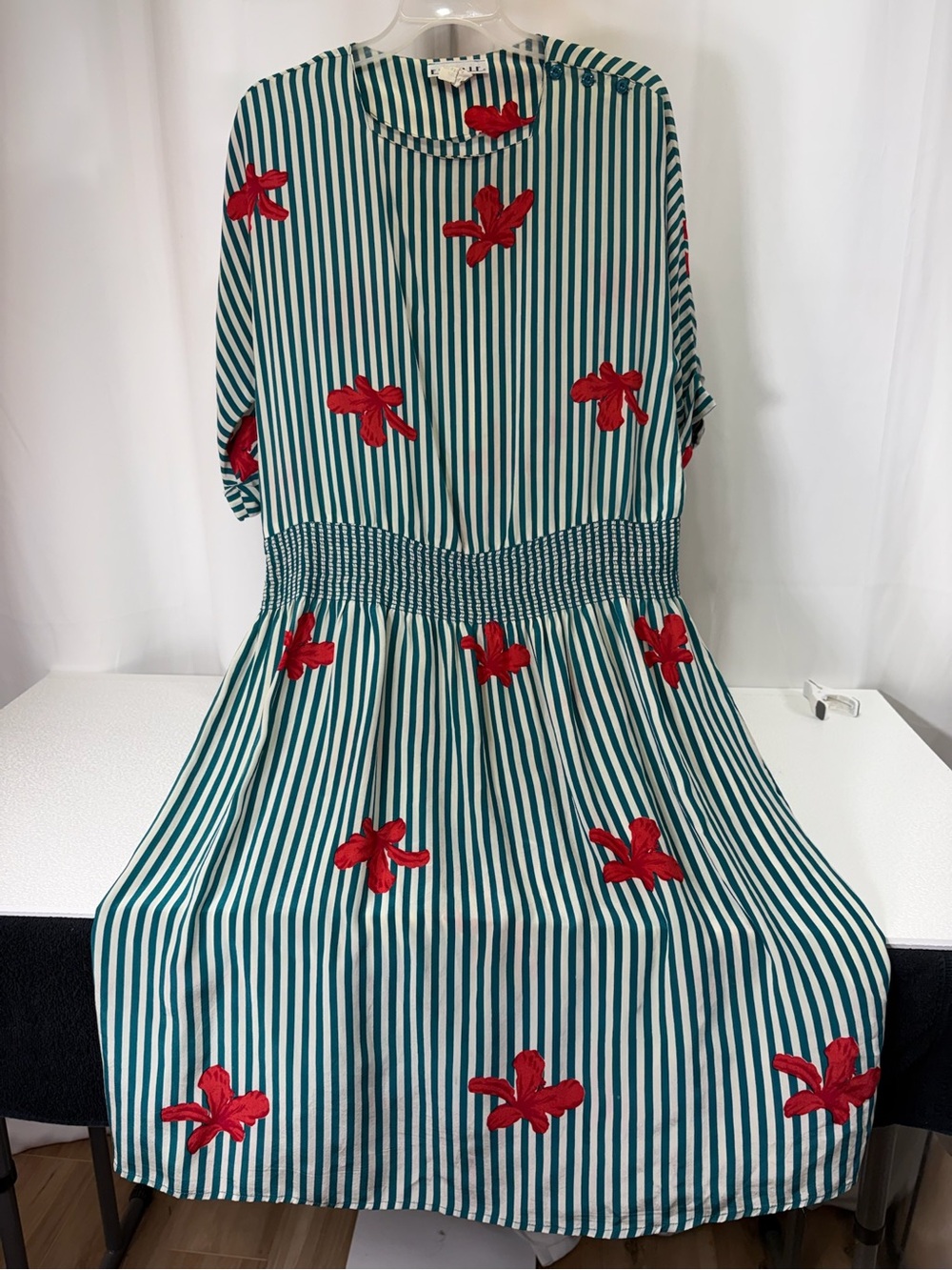 100% Silk Exelle Teal & Red Floral Striped Midi Dress 4087
